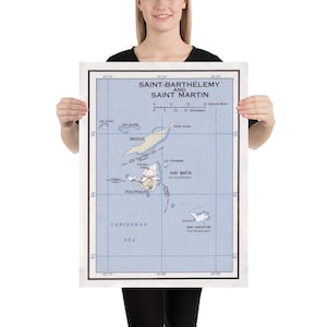 旧セントマーチン島、アンギラ島、セントバーツ島の地図 (1960 年) カリブ諸島のビンテージ チャート ポスター