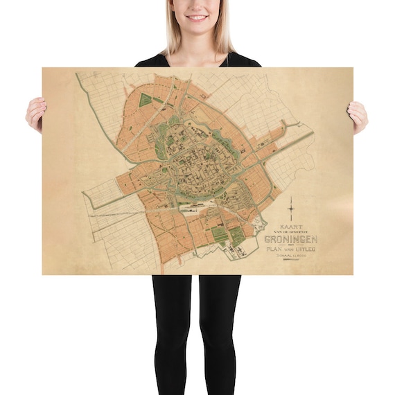 Vintage Grunnen City Atlas Poster 1636 Old Groningen Netherlands Map