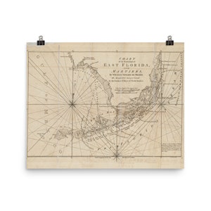Oude Florida Keys Kaart (1771) Vintage Southern FL Atlas Poster