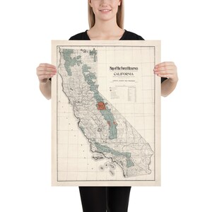 Old California Forest Reserve Karte (1907) Vintage CA Park Konserven Atlas Poster