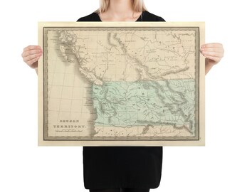 May include: A vintage map of the Oregon Territory, printed in black and white with a light blue shaded area representing the territory. The map includes various geographical features and text labels, including rivers, mountains, and settlements. The title "Oregon Territory" is printed at the bottom of the map.