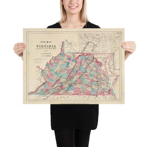 Carte de la vieille Virginie (1861) vintage West VA & VA Atlas Poster