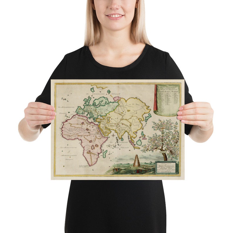May include: An antique world map print with hand-drawn details in shades of green, yellow, pink, and brown. The map shows the continents of Europe, Asia, Africa, and the Americas. The map is surrounded by a decorative border with a tree and a column.