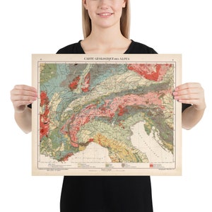 Old Alps Geology Map (1921) vintage Swiss Mountain Range Geologic Atlas Affiche