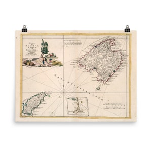 Old Mallorca and Ibiza Spain Map (1778) Vintage Spanish Balearic Islands Atlas Poster