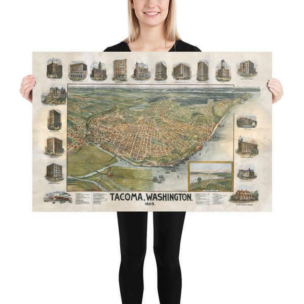 Old Tacoma WA Map (1893) Vintage City of Destiny Washington State Atlas Poster