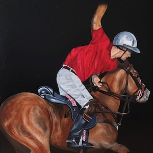 Large 100x100cm Oil Painting - Polo Player on Horse &#39;Harmony&#39; | Equestrian Art with Black Background
