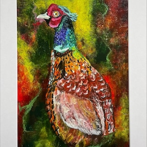 Pheasant - signed  limited edition print in Giclée by Victoria Strelciunaite yellow red and blue gallery pheasant painting art bird wildlife