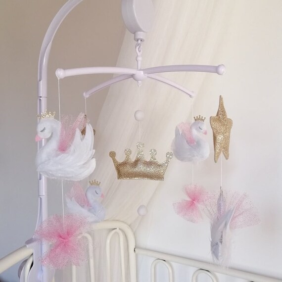 Mobile Musical Bebe Fille Cygnes Tulle Couronne Rose Et Or Etsy France