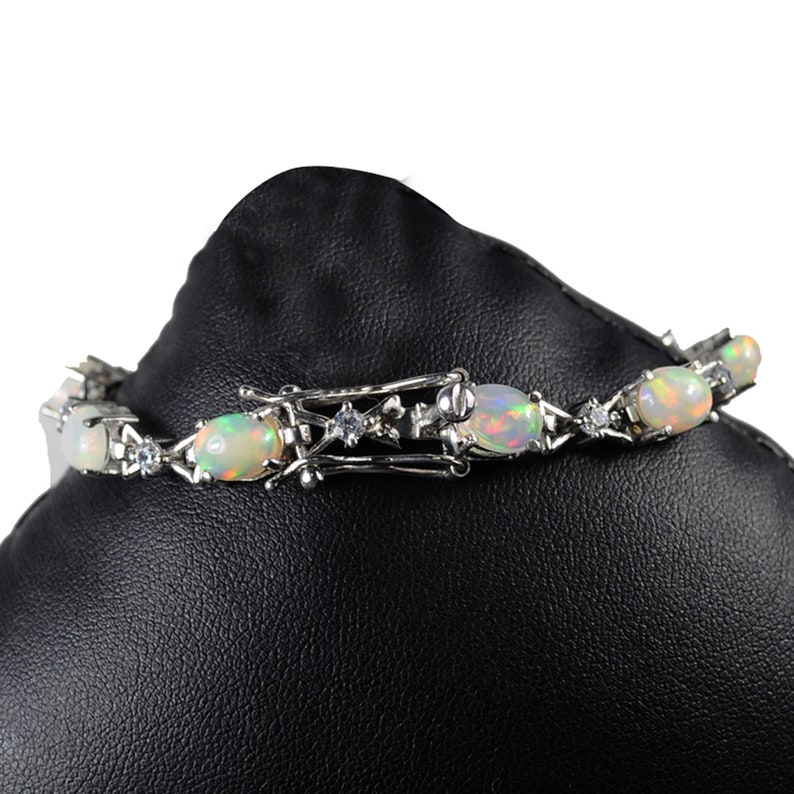 Fabulous Ethiopian Fire Opal Silver Bracelet w Brilliant Cut CZ Setting Size Gemstones 72 Carat