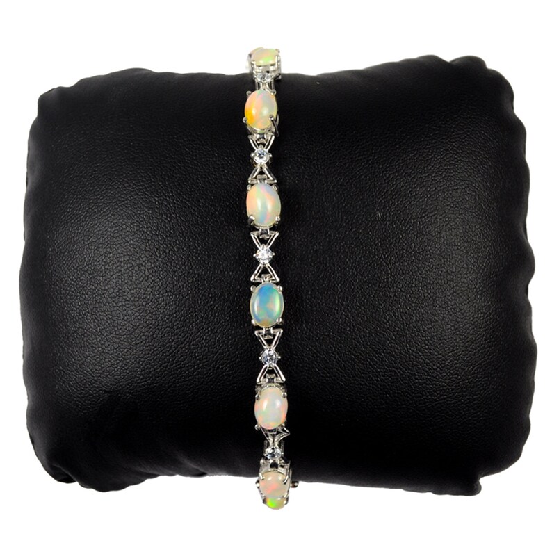 Fabulous Ethiopian Fire Opal Silver Bracelet w Brilliant Cut CZ Setting Size Gemstones 72 Carat
