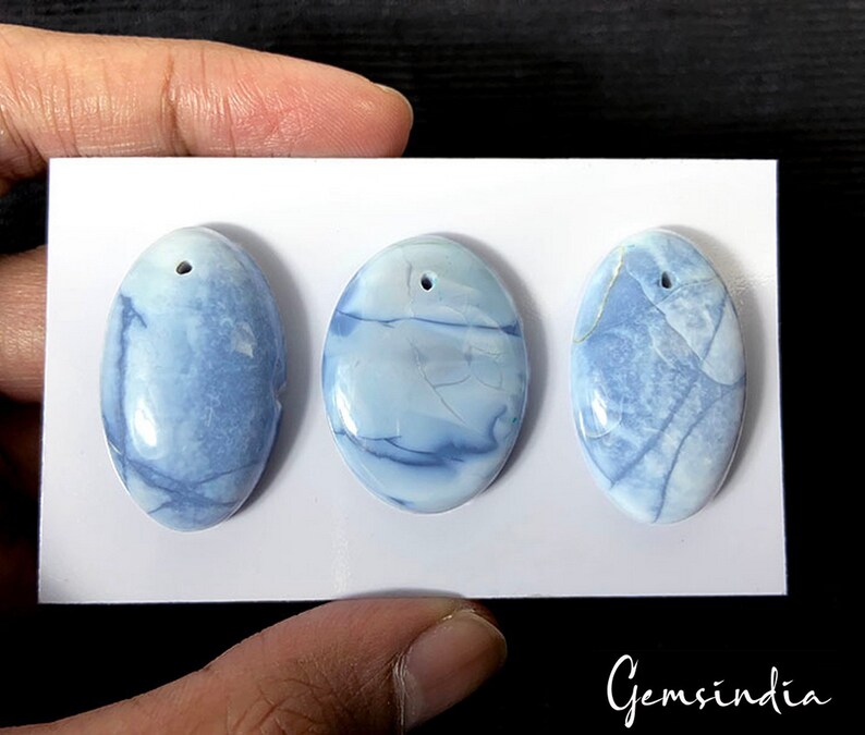 3 Pcs Rare Blue Opal Top Quality Oval Drilled Beads Gems 30mm-32mm~1.2 Hole Size