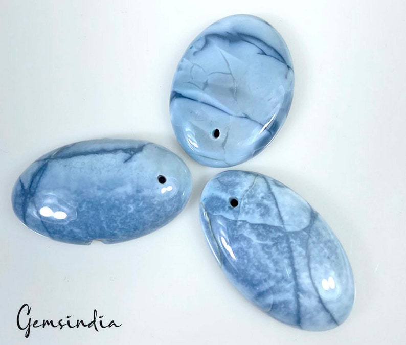 3 Pcs Rare Blue Opal Top Quality Oval Drilled Beads Gems 30mm-32mm~1.2 Hole Size