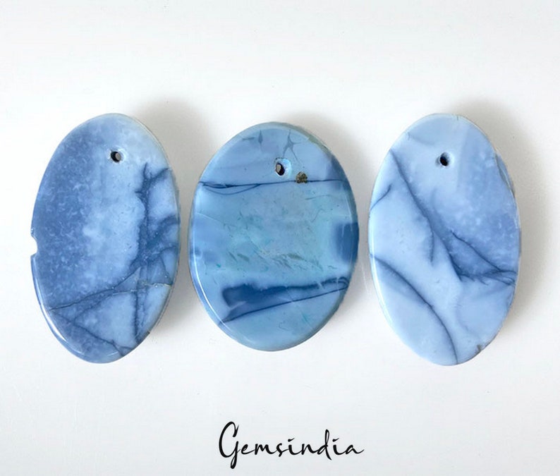 3 Pcs Rare Blue Opal Top Quality Oval Drilled Beads Gems 30mm-32mm~1.2 Hole Size