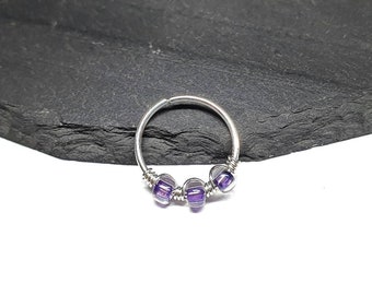 Sterling Silver 20g Beaded Helix Cartilage Seamless Hoop Earring. Clear Purple. 8mm or 10mm Inside Diameter. Helix Piercing