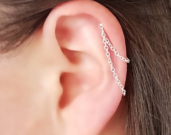 Sterling Silver Helix Cartilage Earring. Single Earring. 925 Silver Chain and Stud. Boho Minimalist