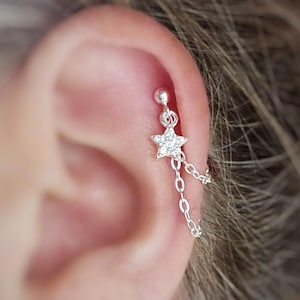 Sterling Silver Helix Cartilage CZ Star Earring. Single Earring. 925 Silver Chain and Stud.