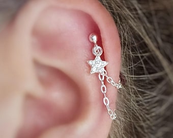 Sterling Silver Helix Cartilage CZ Star Earring. Single Earring. 925 Silver Chain and Stud.