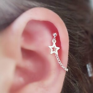 Sterling Silver Helix Cartilage Hollow Star Earring. Single Earring. 925 Silver Chain and Stud.