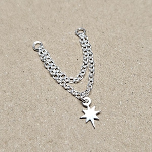 925 Sterling Silver Chain with Star Charm for Helix Cartilage Existing Stud. Ear Chains. Fits 20g 18g Gauge Stud