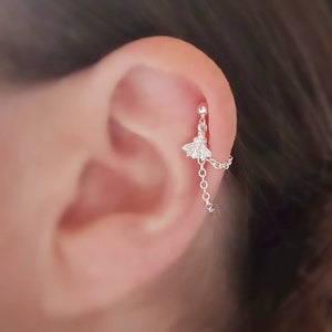Sterling Silver Helix Cartilage Bee Charm Earring. Single Earring. 925 Silver Chain and Stud.