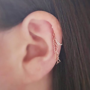 Sterling Silver and Rose Gold Heart Chain Helix Cartilage Earring. Single Earring. 925 Silver Chain and Stud. Minimalist