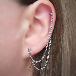 Helix Cartilage to Lobe Earring Stainless Steel Double Chain Double Piercing Earring. Helix Piercing. Single Earring.