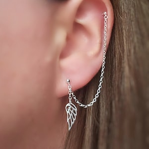 Sterling Silver Helix Cartilage to Lobe Double Piercing Earring with Angel Wing Feather Charm. Helix Piercing.