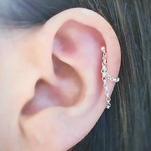 Sterling Silver Helix Cartilage Chain Earring. Single Earring. 925 Silver Chain and Stud.