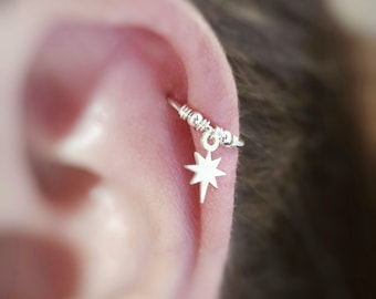Sterling Silver Star with Beads Helix Cartilage Hoop Earring. 925 Silver Hoop Boho Minimalist. Helix Piercing