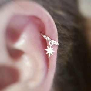 Sterling Silver Star with Beads Helix Cartilage Hoop Earring. 925 Silver Hoop Boho Minimalist. Helix Piercing