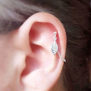 Sterling Silver Leaf Helix Cartilage Earring. Single Earring. 925 Silver Chain and Stud.