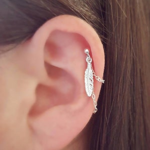 Sterling Silver Feather Helix Cartilage Earring. Single Earring
