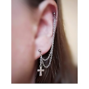 Helix Cartilage to Lobe Cross Earring Stainless Steel Double Chain Double Piercing Earring. Helix Piercing. Silver Colour Earring.