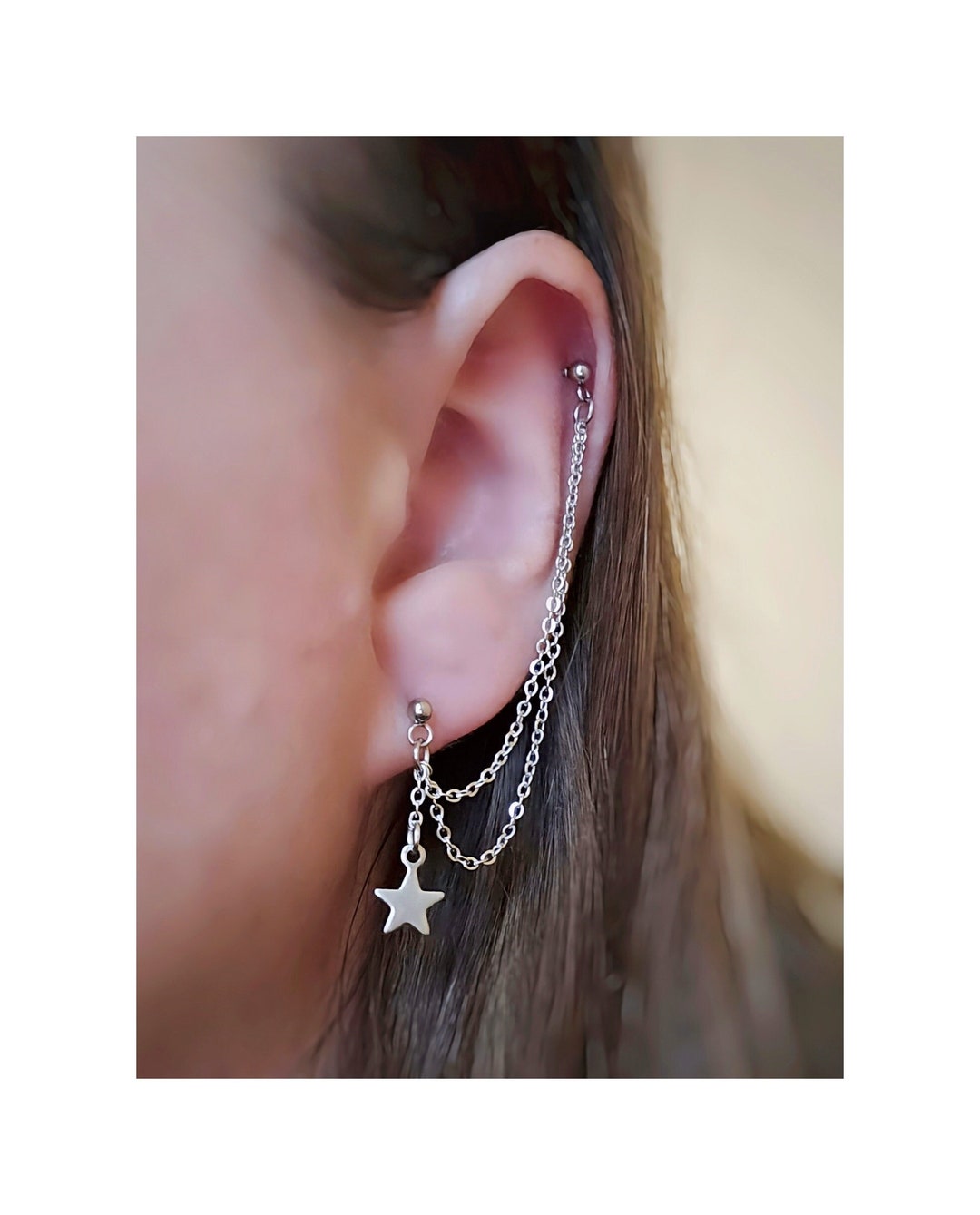 Helix Cartilage to Lobe Star Earring Stainless Steel Double Chain Double  Piercing Helix Silver Colour