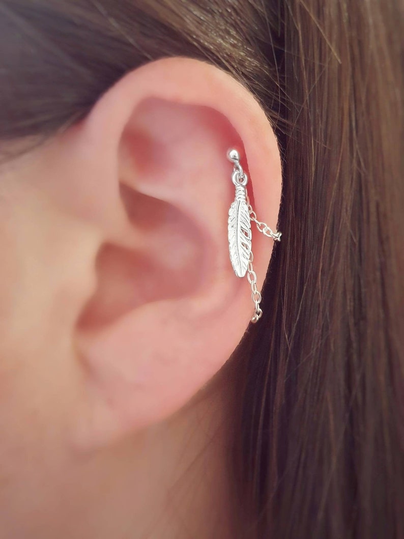 Feather helix cartilage chain earring in sterling silver