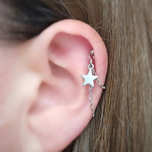 Helix Cartilage Star Earring. Stainless Steel Double Chain Earring with Star Charm.