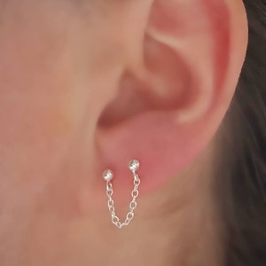Sterling Silver Double Lobe Chain Earring. Connected Earring Single Earring. 925 Silver Chain and Stud. Boho Minimalist