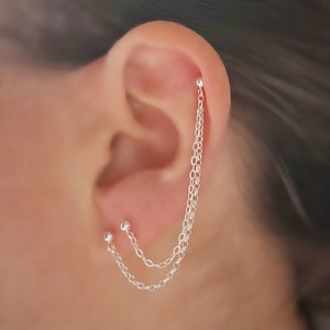 Sterling Silver Helix Cartilage to Double Lobe Earring. Triple Stud. Double Chain. Cartilage to Lobe Silver Chain. 925 Silver