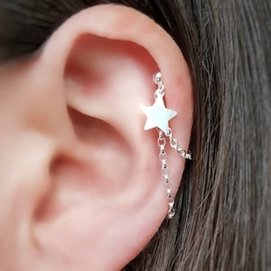 Sterling Silver Helix Cartilage Star Earring. Single Earring. 925 Silver Chain and Stud. Boho Minimalist