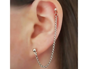 Helix Cartilage to Lobe Stainless Steel Silver Chain Double Piercing Earring. Helix Piercing. Single Earring. Men Women Unisex