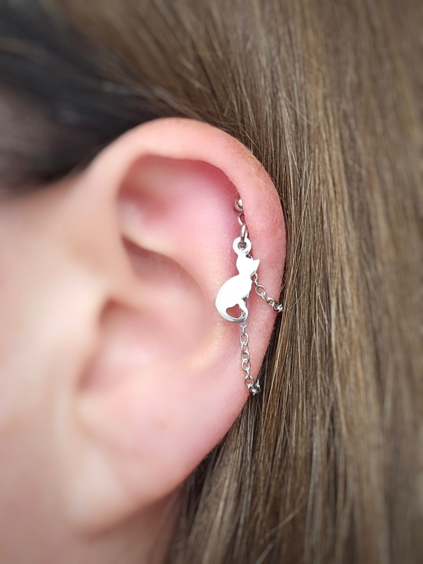 Helix Cartilage Cat Earring. Stainless Steel Double Chain Earring With Cat Charm. Etsy Canada