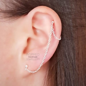 Sterling Silver Helix Cartilage to Lobe Double Chain Double Piercing Earring. Helix Piercing. Single Earring. Boho Minimalist