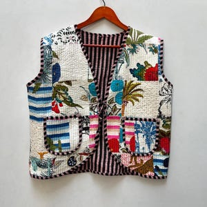 Quilted Patchwork Vest Handmade Cotton Jacket, Boho Sleeveless Jacket Women, Block Print Waistcoat, Vintage Kantha Style Coat
