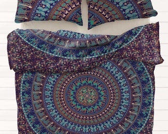 Ensemble housse de couette mandala reine : couette indienne bohème avec taies d'oreiller