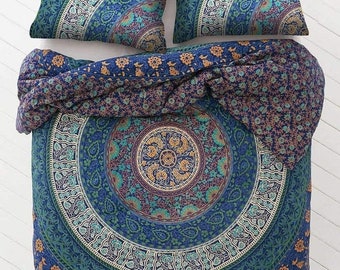 Indian Mandala Queen Duvet Cover Set: Bohemian Bedding with Pillow Covers