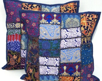 Handmade Khambadi Patchwork Cushion Cover: Boho Embroidered Pillow