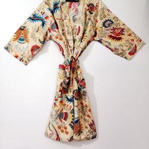 Beige Floral Print Silk Kimono Robe: Oversized Beach Cover-Up