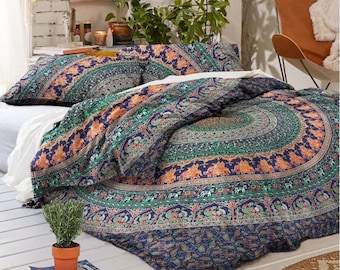 Mandala Elephant Queen Duvet Cover Set: Bohemian Cotton Bedding