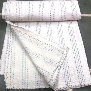 Handmade pure kantha quilt vintage jaipuri quilt soft cotton filling razai kantha quilt white color solid color king size kantha quilt